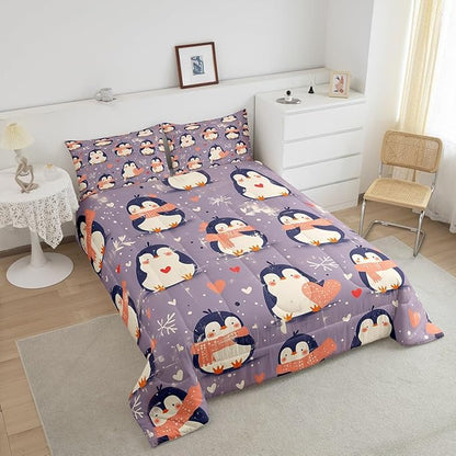 Kawaii Penguin Bedding Set Toddler Size Pink Love Heart Comforter for Child Teens Cartoon Antarctic Animals Down Comforter Winter Snowflake Duvet Insert with 1 Pillowcase