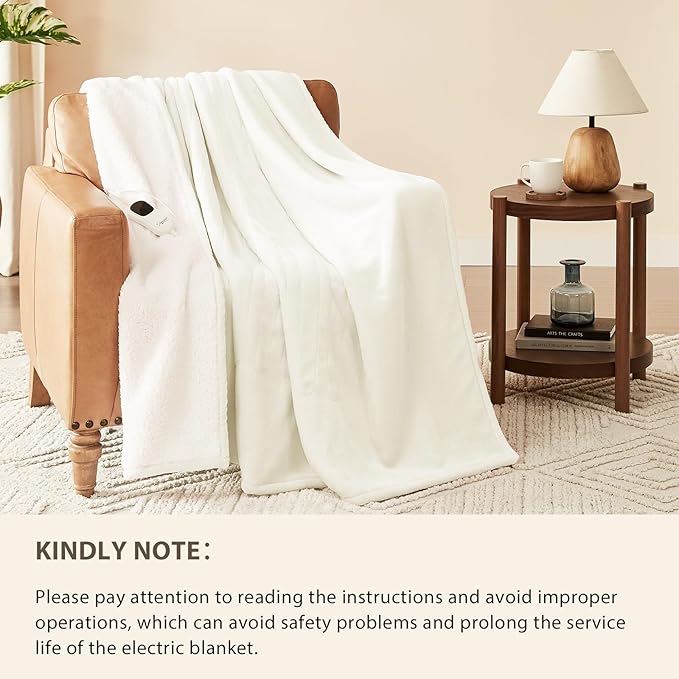 Homemate Heated Blanket Electric Throw - 50"x60" Heating Blanket Throw 1/2/4/6/8 Hours Auto-Off 10 Heat Level Over-Heat Protection Flannel Sherpa ETL Certification