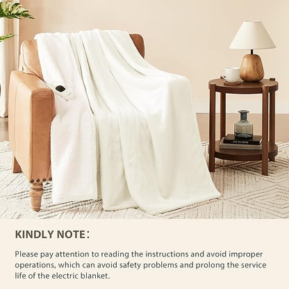 Homemate Heated Blanket Electric Throw - 50"x60" Heating Blanket Throw 1/2/4/6/8 Hours Auto-Off 10 Heat Level Over-Heat Protection Flannel Sherpa ETL Certification