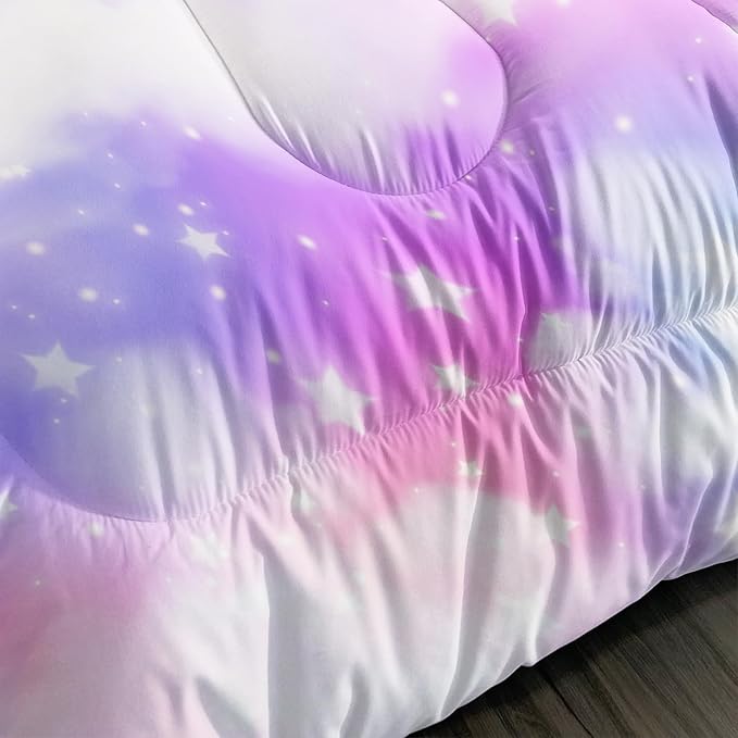Rainbow Cloud Sky Kids Bedding Set Glitter Golden Stars Comforter 3Pcs Queen Tie Dye Art Quilt Set for Kids Teens Girls Boys Bed Set with 1 Comforter and 2 Pillowcases