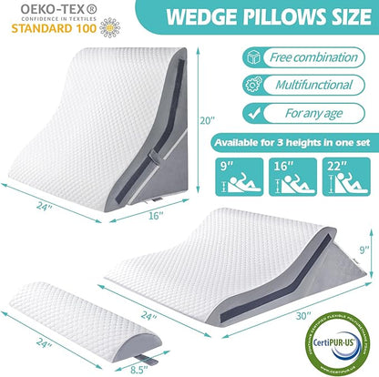 Wedge Pillow for Sleeping, Orthopedic Bed Wedge Pillow Set, 15-in-1 Adjustable Memory Foam Wedge Pillows Post Surgery, 9 &16 & 20 inches Height 3-in-1 Incline Pillows Wedges for Back Pain/Acid Reflux