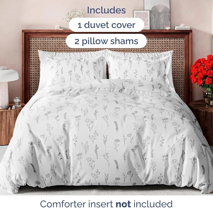 Duvet Cover King Size Set - Extra Soft Floral Duvet Cover 104 x 90 with 2 Pillow Shams - Comfy, Breathable Floral Bedding Set - Hotel Luxury Easy-Care & Fade Free with Zipper Closures & Ties - Plants