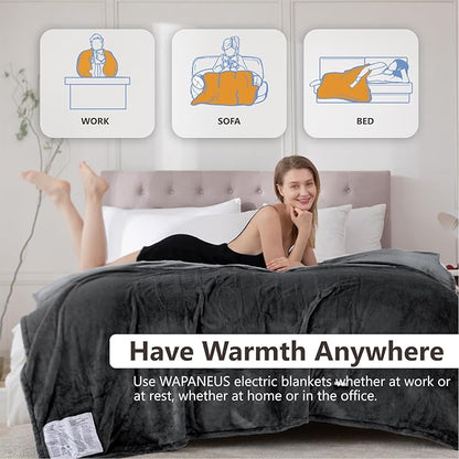 Wapaneus Heated Blanket Electric Queen Size 84"x90"-Dual Control with 10 Heat Levels 12 Timer Settings and 8 Hours Auto-Shut Off,Fast-Heating Electric Blanket,ETL Listed Machine Washable,Dark Grey