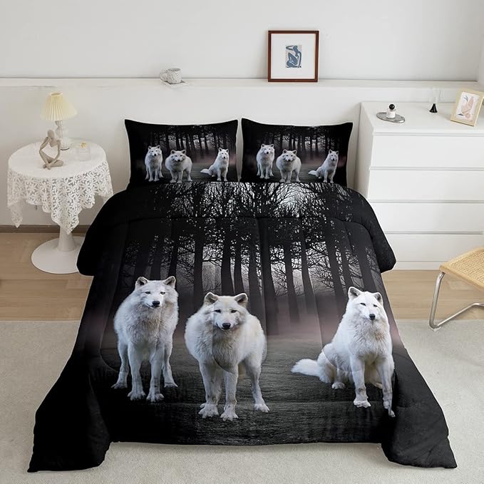 Feelyou Wolf Bedding Set Twin Size Safari Animal Pattern Comforter Set for Kids Boys Girls White Wolf Family Comforter Woodland Cool Wildlife Style Decor Quilt Set 2 Pcs