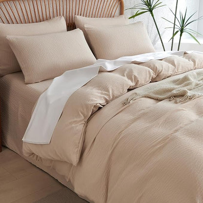 Duvet Cover Quee Beige, Luxury Brushed Microfiber Double-Layer Crinkle Gauze Beige Queen Duvet Cover, 3 Pieces Bedding for All-Season, Soft Breathable with Zipper Closure (No Comforter)
