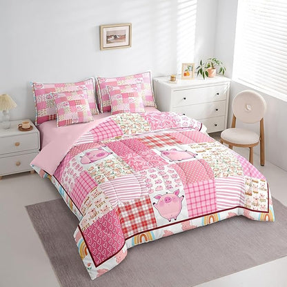 Feelyou Pink Pig 7 Piece Bedding Set for Girls & Boys,Queen Size Cartoon Cute Pig Bed in a Bag,Geometric Comforter Set with Sheets