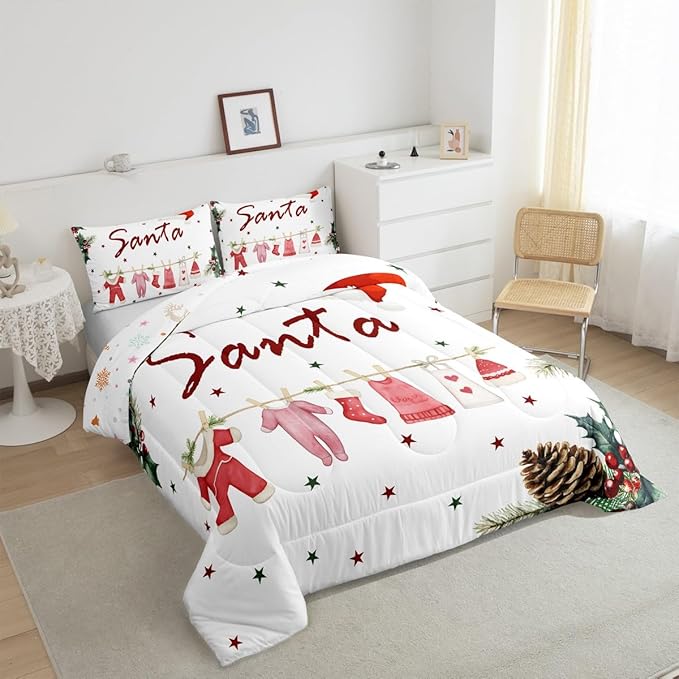 Erosebridal Cartoon Santa Claus Comforter Set for Kids Boys Girls,Merry Christmas Toddler Bedding Set,Christmas Down Comforter,Happy New Year Reversible Bed Set with 1 Pillowcase for Bedroom