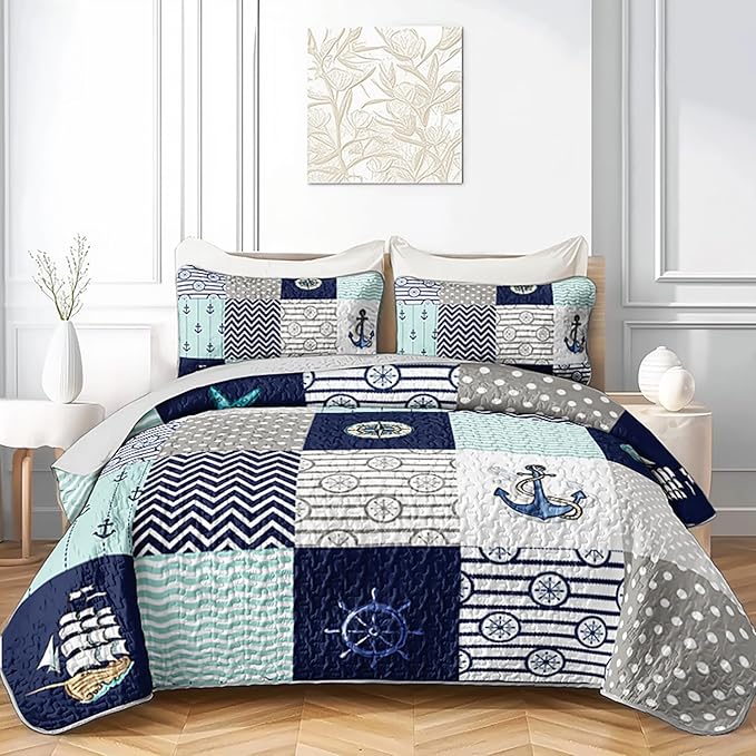 HOSIMA Nautical Full Quilt Set,Plaid Patchwork Ocean Themed Bedding Sailboat and Anchor Print Coastal Bedding for Bedroom Nautical Decor,Navy Blue with 2 Pillowcases.