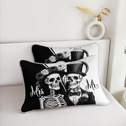 AILONEN Black and White Full Size Quilt Set,Mr Mrs Skull Bedspread Coverlet + 2 Pillowcases,3Pcs Valentines Skeleton His Hers Bed Cover for Couples Lovers
