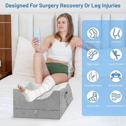 Double Leg Elevation Pillows, Wedge Pillow for After Surgery, Memory Foam Support Adjustable, Comfort Care for Back Knee Hip Ankles Pain, Knee Pillow for Sleeping Blood Circulation Light Grey & White