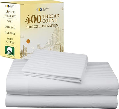 California Design Den Striped Twin Sheets Set - Soft 400 Thread Count Sateen, Natural 100% Cotton Sheets Twin Size Bed Set with Deep Pockets, and Durable Bedding - Striped White