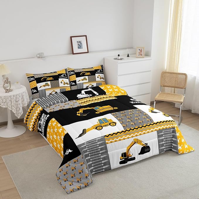 Feelyou Excavator Comforter Construction Vehicles Comforter Set Equipment Trucks Bedding Set for Children Kids Boys Girls Cartoon Car Duvet Set Geometric Lattice Room Decor Quilt Set King Size