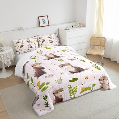 Cartoon Otter Comforter Set Cute Butterfly Wild Dragonfly Bedding Comforter for Kids Girls Teens Watercolor Lotus Leaf Lovely Wild Animal Bedroom Quilt Set with 2 Pillowcases Queen Size 3 Pcs