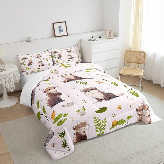 Cartoon Otter Comforter Set Cute Butterfly Wild Dragonfly Bedding Set for Kids Girls Teens Watercolor Lotus Leaf Lovely Wild Animal Microfiber Duvet Set with 1 Pillowcase Twin Size 2 Pcs