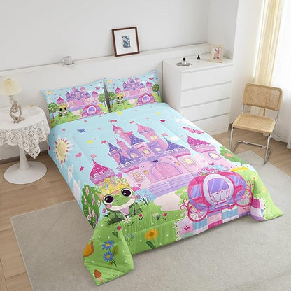jejeloiu Cartoon Castle Bedding Set King Size Girls Pink Green Comforter Set for Kids Teens Princess Style Duvet Set Pumpkin Carriage Quilt Set 3Pcs