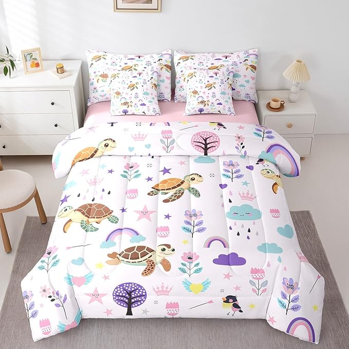 Erosebridal Floral Turtle Comforter Set King Size,Cartoon Animal Bedding Set for Kids Teens,Cute Flower (Comforter+Fitted+Flat Sheet+2 Pillowcases+2 Throw Pillow Covers) 7 Pieces Bed Set