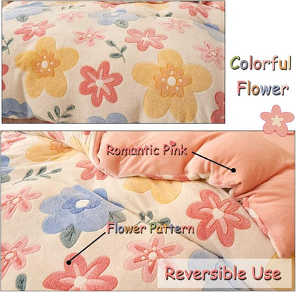 Pink Duvet Cover Queen Size, Fluffy Comforter Cover Set, Kawaii Bunny Bedding Sets for Girl Ultra Soft Cute Floral Bed Set for Kids (Flower, Queen)