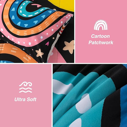 A Nice Night Bedding 6 Pcs Cartoon Rainbow Bedding Set with Smile Moon Printed for Boys Girls Bed Comforter Sets (Black, Twin)