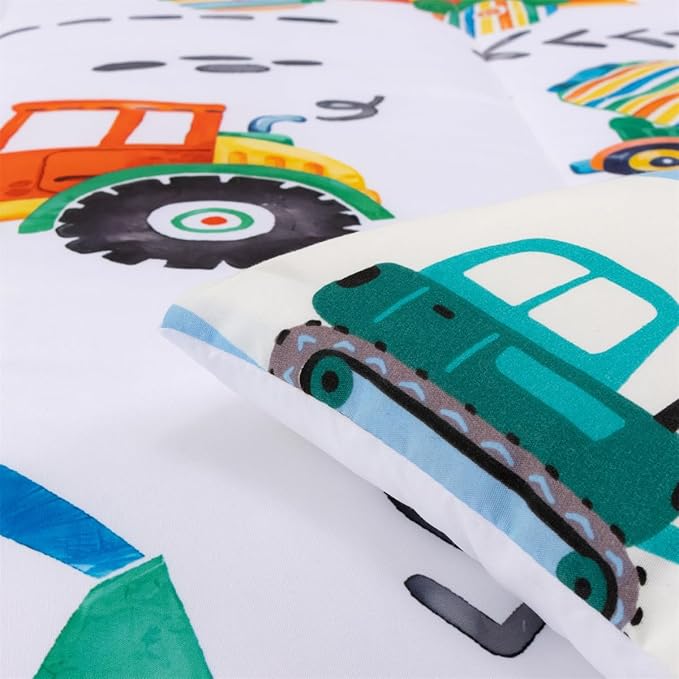 NTBED 5 Pieces Construction Truck Full Comforter Set for Boys Kids Colorful Painting Vehicles Excavator Lightweight Microfiber Bedding Sets