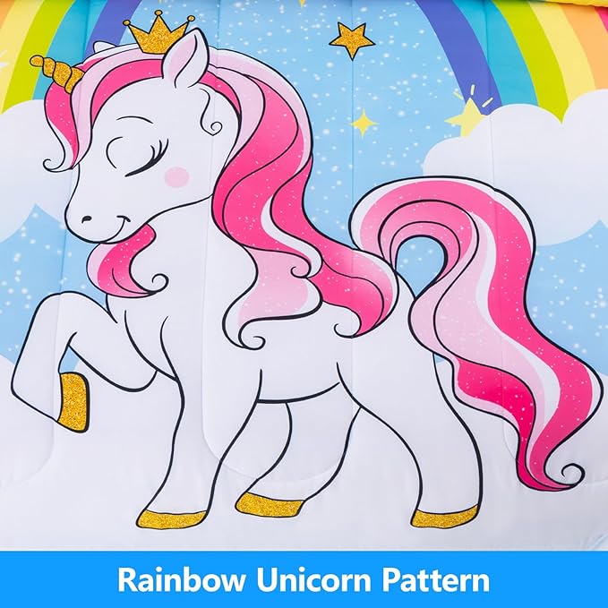 Unicorn Full Bedding Sets for Girls Kids Teens, 8 Piece Bed in a Bag Purple Rainbow Theme Unicorn Comforter Set Bedroom Decor with Printed Sheet Set