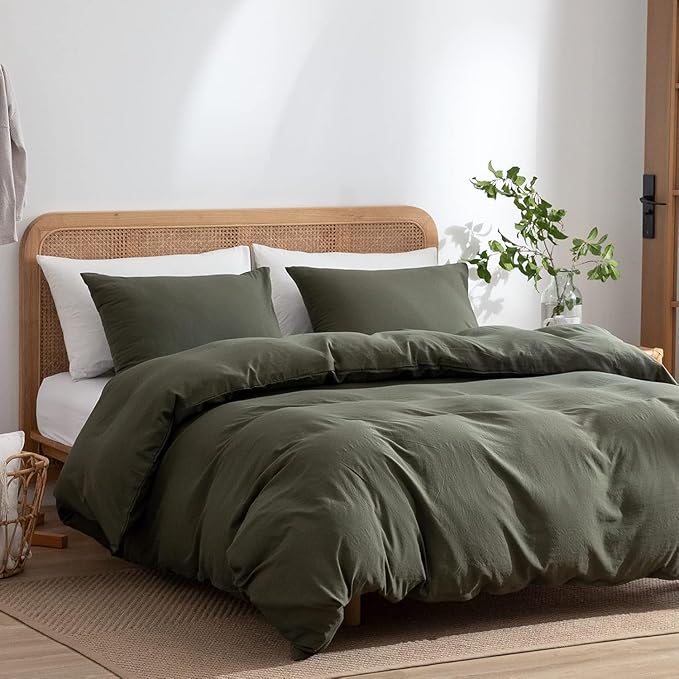 Jane yre Dark Green Duvet Cover Queen, 100% Washed Microfiber 3 Pieces Dark Green 1 Duvet Cover +2 Pillowcases with Zipper Closure, Soft Natural Slight Wrinkled Comfy