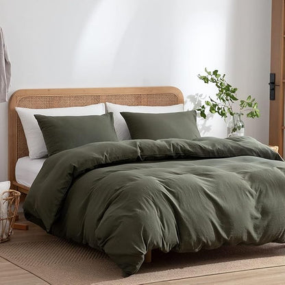 Jane yre Dark Green Duvet Cover Queen, 100% Washed Microfiber 3 Pieces Dark Green 1 Duvet Cover +2 Pillowcases with Zipper Closure, Soft Natural Slight Wrinkled Comfy