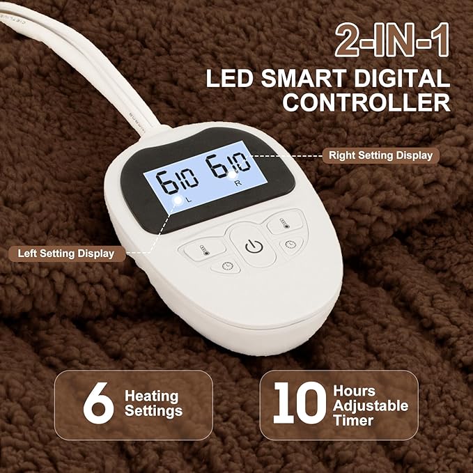 King Size Heated Blanket Single Control - Soft Double Sided Sherpa Electric Blanket with 6 Heating Levels & 10 hrs Timer Settings, Washable & Overheat Protection for Bed, Brown