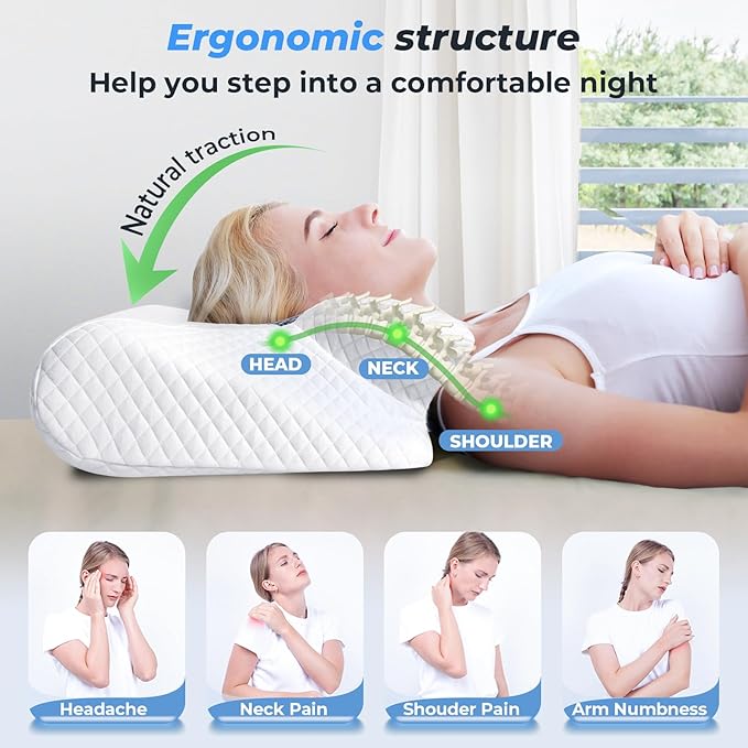 SAHEYER Cervical Neck Pillow, Ergonomic Memory Foam Pillow for Neck Pain Relief and Snoring, 2 in 1 Orthopedic Pillow for Back, Stomach Sleeper, Side Sleeper, White