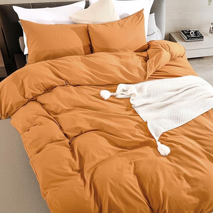 NEXHOME PRO Duvet Cover Set Oversized Queen 98"x98" Linen Look Textured Organic Natural 100% Washed Cotton Duvet Cover 3 Pieces Bedding Set Zipper Closure, Breathable, Halloween Orange(No Comforter)