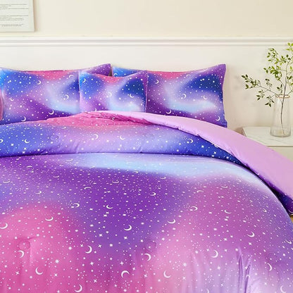 URBONUR 6Pcs Twin Comforter Set for Girls Colorful Pink Purple Blue Gradient Galaxy Printed Bedding Set Kids Teen Bed in A Bag