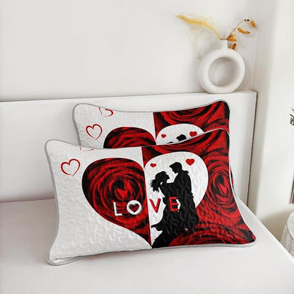 AILONEN Red and White Quilt Set Queen Size,Red Rose Flower Bedspread Coverlet for Couples Lovers,Soft Lightweight,3Pcs His & Hers Quilt & 2 Pillowcases