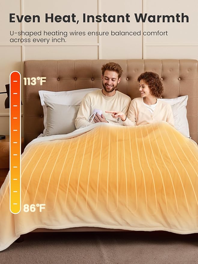 WOOMER Heated Blanket Twin Size 62" x 84", Electric Blanket with 0.5-12 Hours Timer & 10 Heating Levels, ETL Certified, White Double-Sided Velvet, Over-Heat Protect, Machine Washable