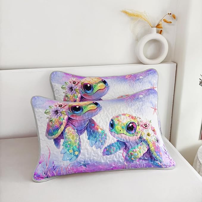 Coastal Themed Quilted Quilt Twin Size,Sea Turtles Bedding Sets for Kids Girls Room Decor,Seagrass Starfish Pattern Lightweight Quilt with 2 Pillowcases.