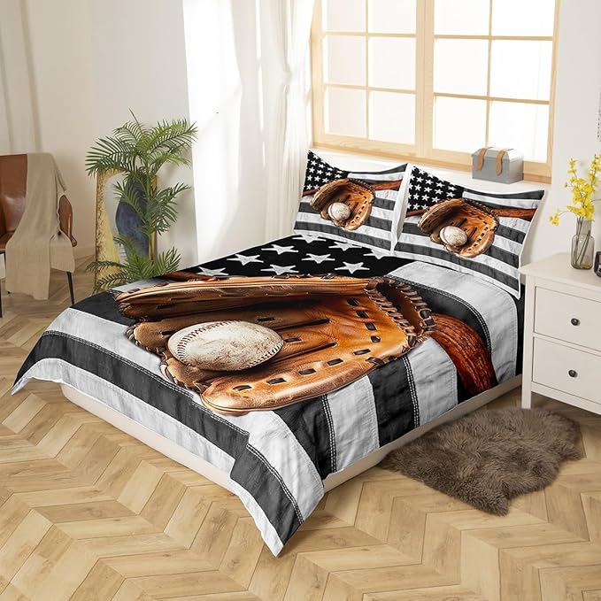 Castle Fairy Sports Theme Duvet Cover Queen,Old Baseball Glove Bat Comforter Cover for Boys Men,Vintage Stars Flag Ultra Soft Bedding Set,Grey White Stripes Bedroom Decor Bedspread,No Comforter