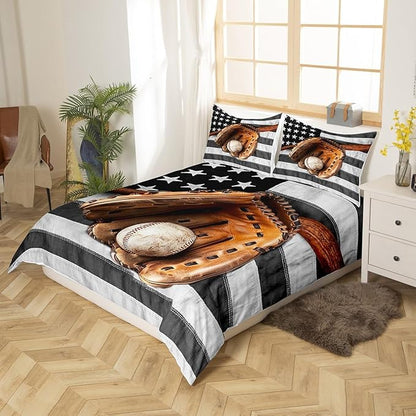 Castle Fairy Sports Theme Duvet Cover Queen,Old Baseball Glove Bat Comforter Cover for Boys Men,Vintage Stars Flag Ultra Soft Bedding Set,Grey White Stripes Bedroom Decor Bedspread,No Comforter