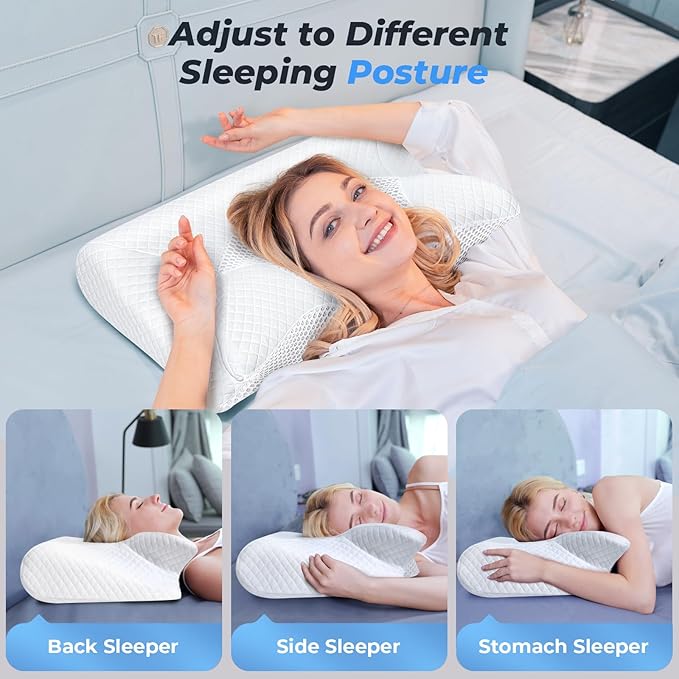 SAHEYER Cervical Neck Pillow, Ergonomic Memory Foam Pillow for Neck Pain Relief and Snoring, 2 in 1 Orthopedic Pillow for Back, Stomach Sleeper, Side Sleeper, White