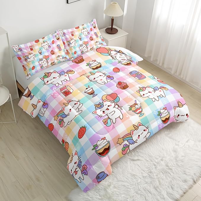 CVHOUSE Cartoon Cat Comforter Queen Set,Rainbow Cat Girls Queen Bedding Set for Kids Teens,Cat Unicorn Quilt Set 3Pcs Cat Bed Set Cat Duvet Set Kitty Room Decor All Season
