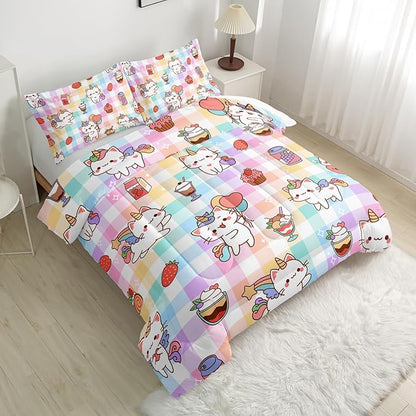 CVHOUSE Cartoon Cat Comforter Queen Set,Rainbow Cat Girls Queen Bedding Set for Kids Teens,Cat Unicorn Quilt Set 3Pcs Cat Bed Set Cat Duvet Set Kitty Room Decor All Season