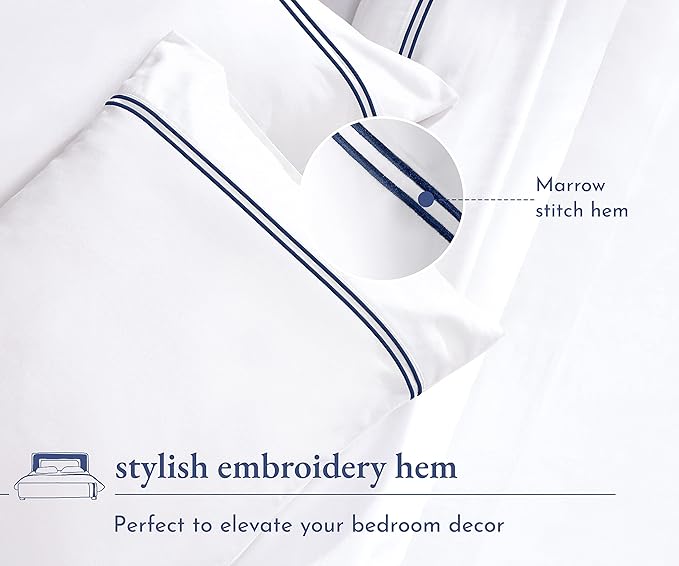 California Design Den Queen Size Sheet Set - 100% Cotton, 600 Thread Count, Deep Pocket Queen Sheets, Premium-Feel Bedding with Sateen Weave - White Embroidered Navy