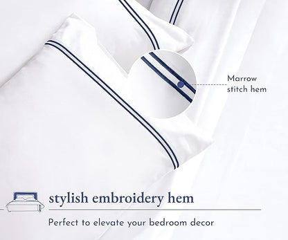 California Design Den Queen Size Sheet Set - 100% Cotton, 600 Thread Count, Deep Pocket Queen Sheets, Premium-Feel Bedding with Sateen Weave - White Embroidered Navy