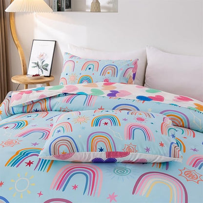Holawakaka Boho Rainbow Full Comforter Set with Sheets, 5-Piece Bohemian Love Heart Star Bedding Set for Girls & Women - Super Soft Microfiber Kids Teen-Girls Full Size Blue Reversible Bed in A Bag