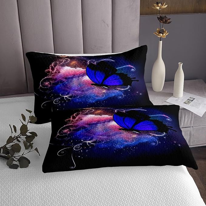 Erosebridal Dreamlike Blue Butterfly Quilted, Colorful Aesthetic Flying Butterflies Coverlet Set, Mystery Bedspread, Watercolor Bedspread Quilt Set Room Decor for Kids Boys Girls Teens Children, Queen