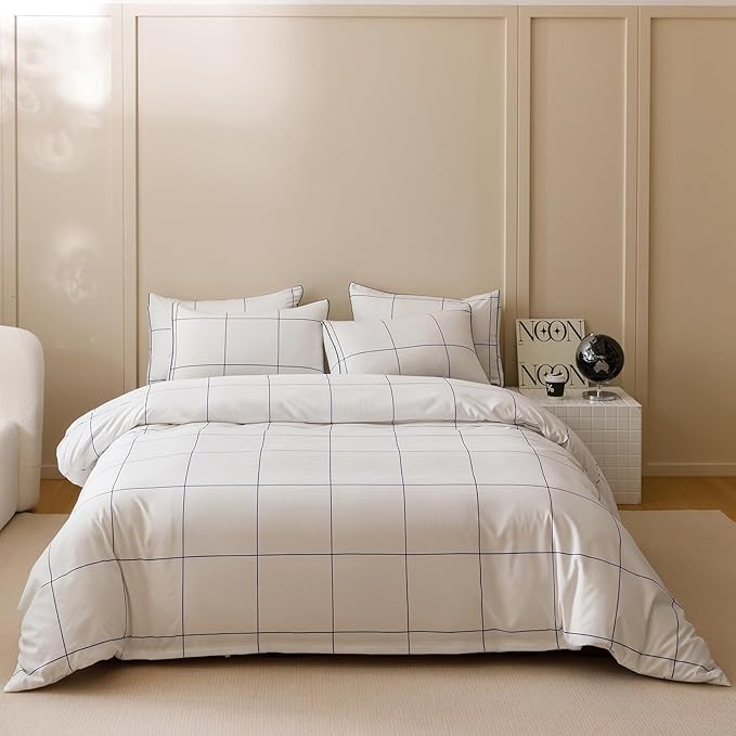 Wellboo Plaid Comforter Set King Blue White Grid Checkered Bedding Comforter for Women Men Navy Blue Buffalo Check Grid Quilt Soft Warm Modern Preppy Geometric Gingham Bedding