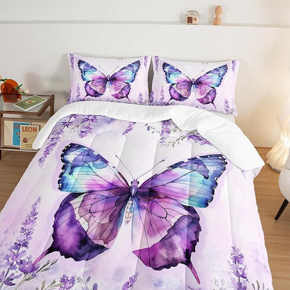 Beautiful Butterfly Comforter Set King Size,Blossoming Lavender Flowers Bedding Set for Kids Girls Toddlers Room Decor,Nature Insect Themed Comforter Sets with 2 Pillowcases.