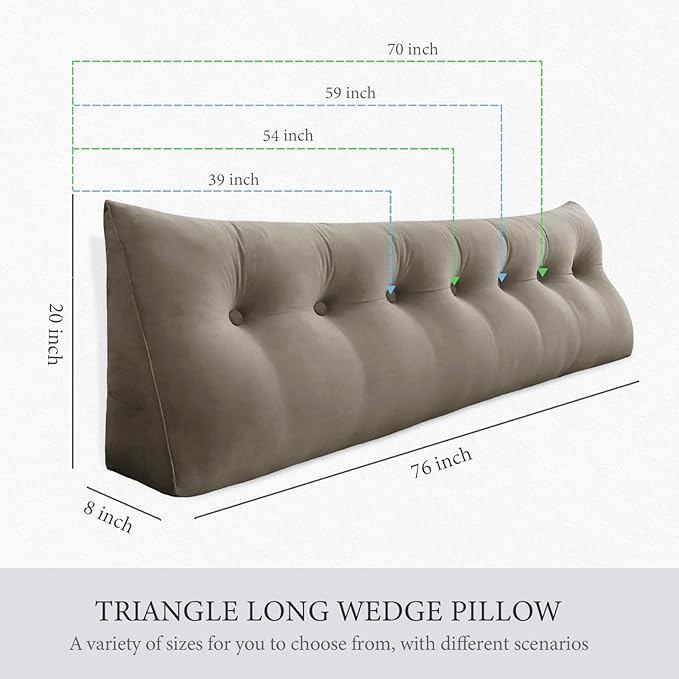Headboard Pillow - 3 in 1 Large Bed Pillow as Wedge Reading Pillow, Large Couch Daybed Pillow or Positioning Support Backrest Back Cushion for Sitting in Bed Velvet Full Beige-Gray