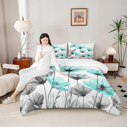 Erosebridal Teal Floral King Comforter Set,Teal and Gray Flower Bedding Sets for Kids Girls Women,Farmhouse Flowers Bed Set,Boho Flowers Wildflower Room Decor with 2 Pillowcases,Ultra Soft