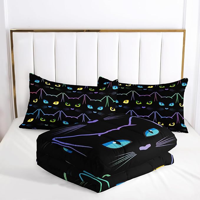Kawaii Cat Comforter Set, Colorful Line Cat Full Size Bedding Set for Boys Girls Teens, Cartoon Cute Cat Black Quilt Set for Room Decor, Style 2