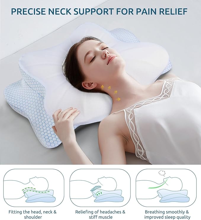 Cervical Memory Foam Pillow for Neck and Shoulder, Ergonomic Contour Cervical Pillow for Sleeping with 2 Heights, Cooling Neck Support Pillows for Side Back Stomach Sleeper Standard Size Blue