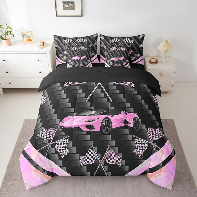 Feelyou Pink Race Car 7 Piece Bedding Set Full Size Extreme Sports Comforter Set with Sheets for Kids Teens Adult Fast and Furious Bed in a Bag Dazzling Flag Bed Set