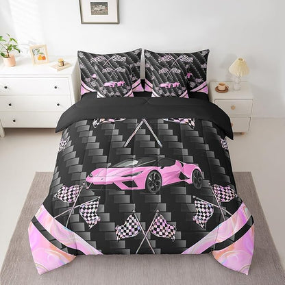 Feelyou Pink Race Car 7 Piece Bedding Set King Size Extreme Sports Comforter Set with Sheets for Kids Teens Adult Fast and Furious Bed in a Bag Dazzling Flag Bed Set
